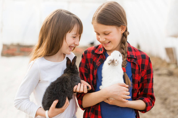 Deux filles tenant des lapins dans leurs mains. Concept de Pâques - Photo, image