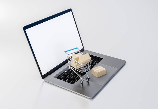 ショッピングカートと配送ボックス付きのノートブック。オンラインショッピングのコンセプトのための3Dレンダリング. - 写真・画像