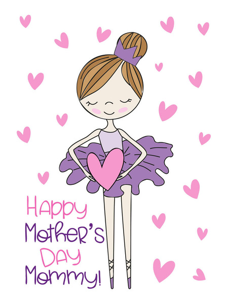 Boldog anyák napját, mami! - aranyos kis balerina lány szívvel. Jó üdvözlőlap, poszter, címke, textilnyomat és egyéb ajándékok tervezéséhez. - Vektor, kép