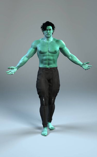 Hombre alienígena de piel verde sosteniendo los brazos como si estuviera lanzando un hechizo - Foto, imagen