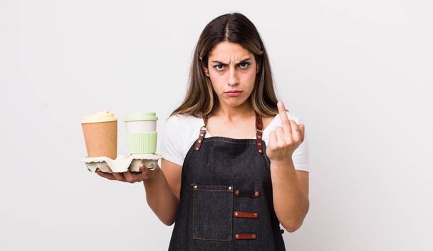 pretty hispanic woman feeling angry, annoyed, rebellious and aggressive. take away coffee concept - Foto, imagen
