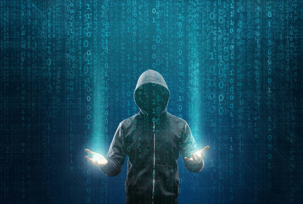 Wanted Hacker is Coding Virus Ransomware Using Abstract Binary Code. Cyberattack, System Breaking and Malware Concept. - Fotoğraf, Görsel