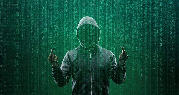 Computer Hacker in Hoodie. Obscured Dark Face. Hacker Attack, Virus Infected Software, Dark Web and Cyber Security Concept . - Fotoğraf, Görsel