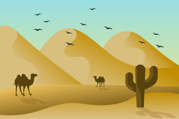 Paesaggio, deserto con dune, cammelli e cactus contro un cielo blu con uccelli. Illustrazione, manifesto, cartolina, vettore - Vettoriali, immagini