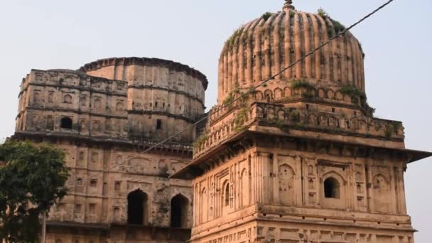 Vista matutina de los Cenotafios Reales (Chhatris) de Orchha, Madhya Pradesh, India, Orchha la ciudad perdida de la India, sitios arqueológicos indios - Metraje, vídeo