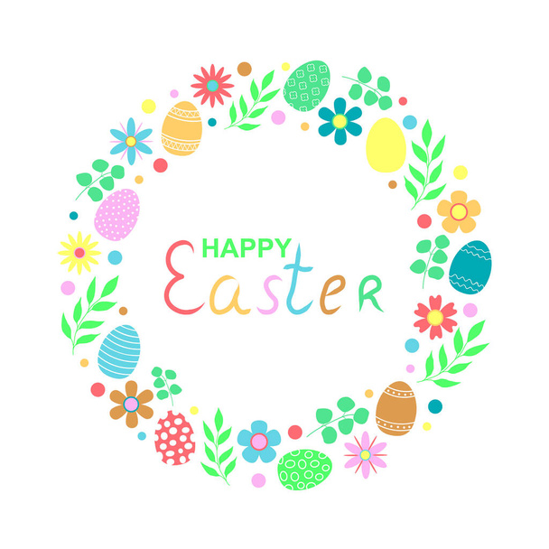 Corona de Pascua con huevos de Pascua, flores y hojas sobre fondo blanco. Marco decorativo para sus tarjetas de felicitación, pancartas, volantes - Vector, imagen