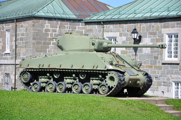WWII M4 Sherman Tank at La Citadelle of Quebec National Historic Site in Old Quebec City, Quebec QC, Canada. The fortress is in Historic District of Old Quebec World Heritage Site.  - Photo, Image