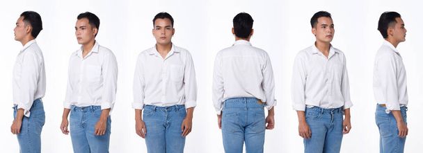 Collage Group Half body Figuur gezicht van de jaren '20 Asian University student man zwart haar wit shirt jeans broek. Mannelijke staat draait 360 achterkant uitzicht over witte achtergrond geïsoleerd - Foto, afbeelding