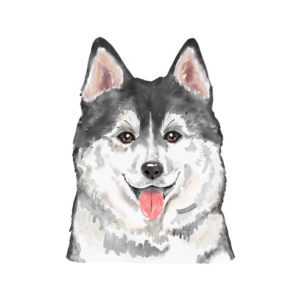 Σιβηρίας σκύλος Ζωγραφική με ακουαρέλα. Αξιολάτρευτο κουτάβι, απομονωμένο σε λευκό φόντο. Ρεαλιστική χαριτωμένο πορτρέτο σκυλιών διανυσματική απεικόνιση. - Διάνυσμα, εικόνα