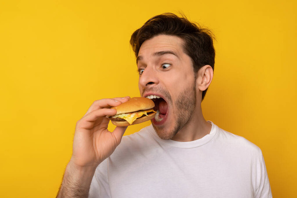 Funny Guy Holding Burger Beißen Sandwich Im Studio - Foto, Bild
