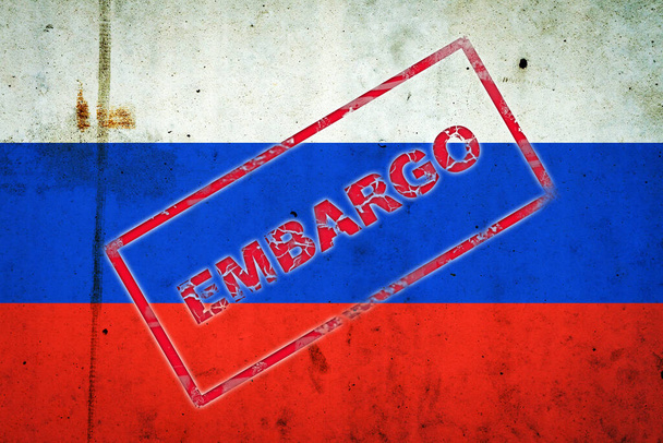 Embargo. Sello rojo, en el fondo de la bandera de Rusia. Negocios. Política. Economía - Foto, Imagen
