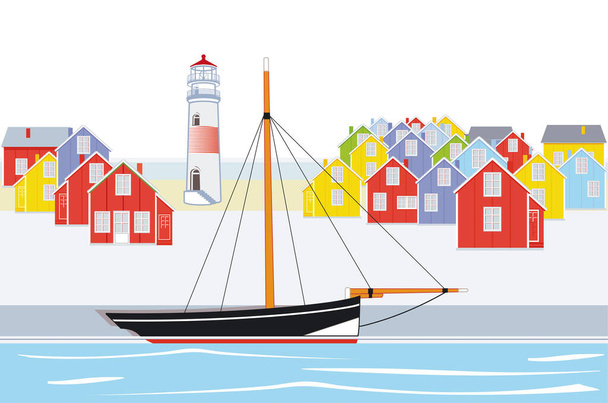 old sailing ship in small port illustration - Vector, Image