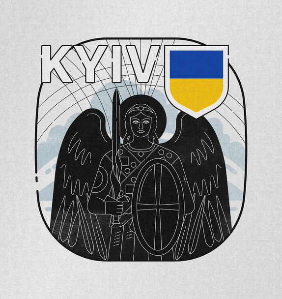 Saint Michel l'Archange Saint Patron de la ville de Kiev, concept minimaliste graphisme, symbole, édition texturée noire, couleurs du drapeau ukrainien - jaune et bleu - Photo, image
