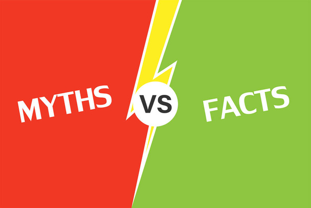 Tények vs mítoszok vs villám harci háttér. Az alapos tényellenőrzés vagy a bizonyítékok egyszerű összehasonlítása. Piros és zöld háttér osztva sárga villám. Vektorillusztráció. - Vektor, kép