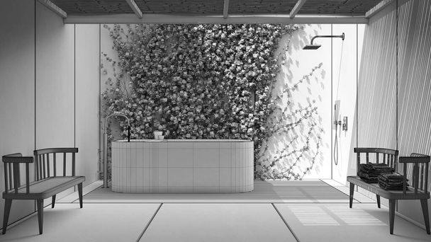 未完成のプロジェクトの草案、バスルーム、日本の禅スタイル、ツタ、コンクリート壁や木製の床、竹の天井と屋外エコガーデン。バスタブとシャワー。ミニマルなインテリアデザイン - 写真・画像