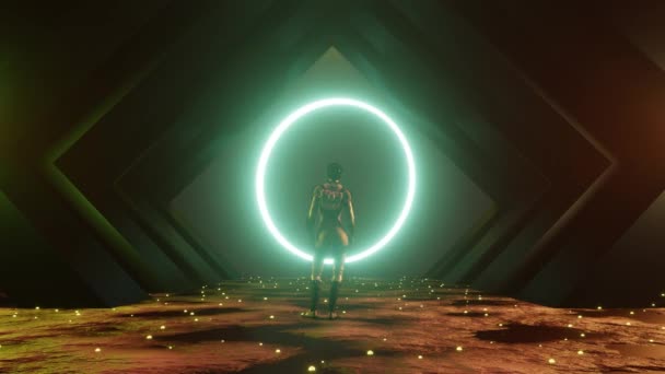 4K 3D анимация. Женщина, стоящая перед большим порталом в другое измерение, против светящейся вселенной энергии. Космический путешественник в темном коридоре. Научная фантастика, мистическая концепция - Кадры, видео
