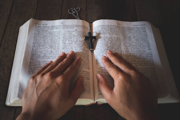 Bir kız oturup İncil okurken diğer elini İncil 'e koyuyor. Hıristiyan Tripitaka 'nın eğitici kavramı Tanrı' ya karşı dürüst ve inançlıdır.. - Fotoğraf, Görsel