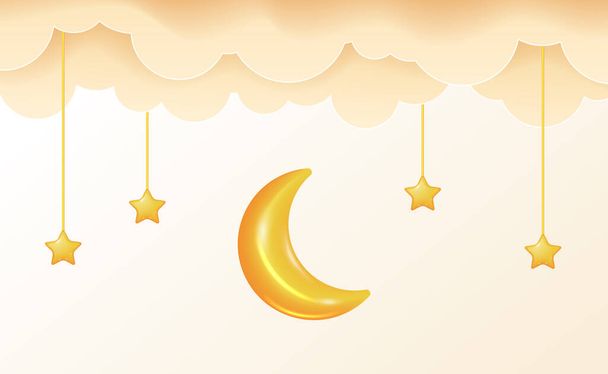 Édes álom altatódal 3d sárga hold és csillag felhő. jó éjt babaköszöntő illusztráció koncepció. - Vektor, kép