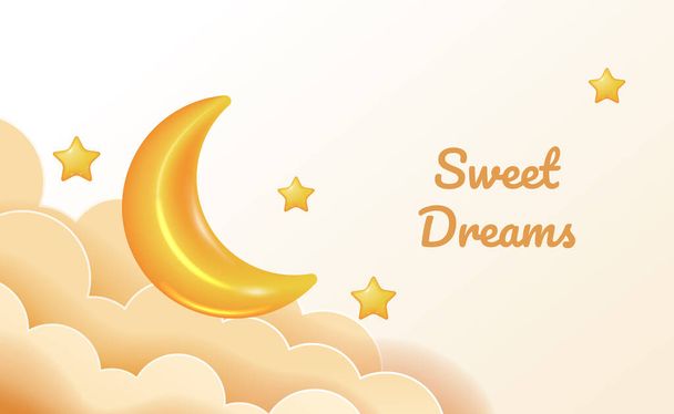 甘い夢の子守唄3D黄色の月と雲と星。おやすみベビーシャワーイラストコンセプト. - ベクター画像