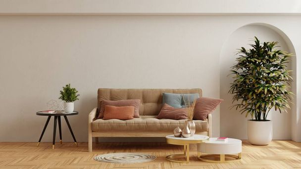 部屋のソファとアクセサリーと暖かいトーンのスタイルの家。 3Dレンダリング - 写真・画像