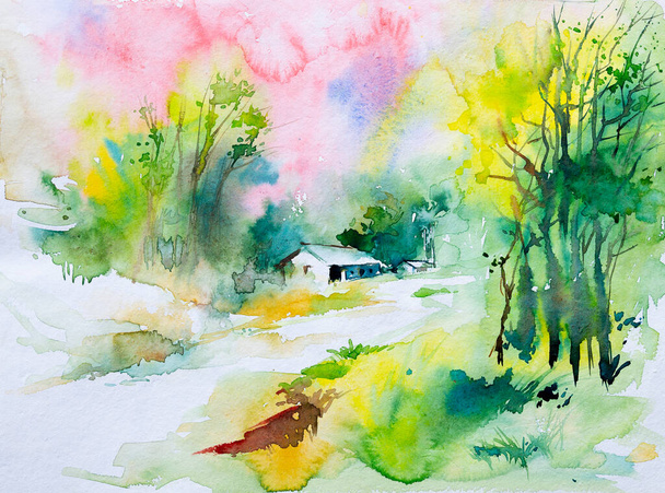 Vesiväri maalaus Intian kylä, talo, jossa on vihreä metsä tausta ja kylä tie etualalla. Intian akvarellimaalaus maaleilla ja harjalla. - Valokuva, kuva