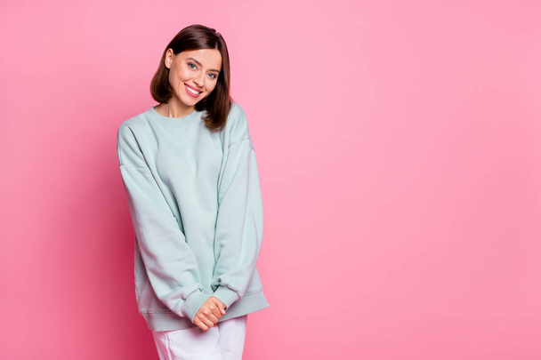 Photo of youth adorable cheerful girl good mood wear casual outfit isolated over pink color background - Фото, зображення