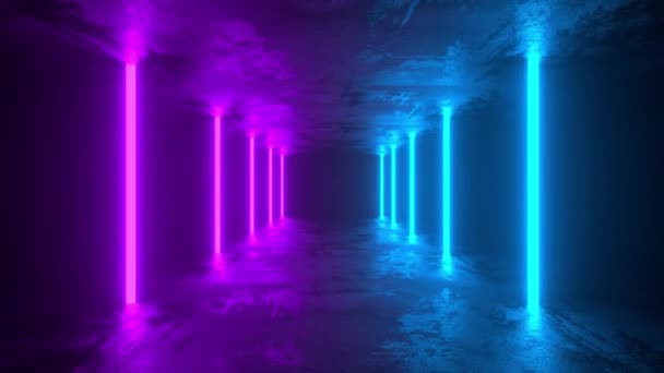 Mavi ve mor neon ışıklarla aydınlatılmış beton bir koridorda ilerliyoruz. 4K Video Canlandırması - Video, Çekim