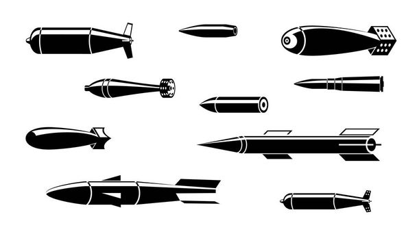 Un gran conjunto de iconos realistas de varias municiones - Vector, imagen