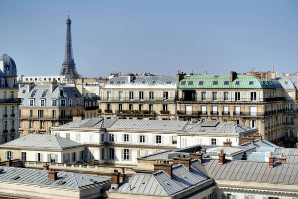 Typische Parijse daken met Eiffeltoren, Europa                                - Foto, afbeelding