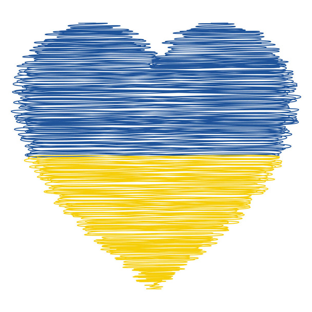 Любовь к Украине, нарисованное пером сердце, каракули национальный флаг Украины - Вектор,изображение