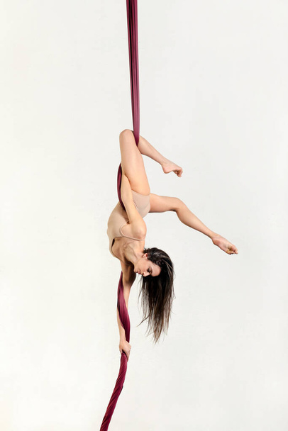 Slim female aerialist performing falling stunt on aerial ribbons while hanging upside down on white wall background - Photo, Image