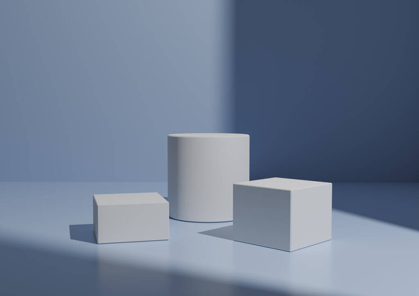 Простий мінімальний три білих натрію або підставний склад для дисплея продукту. Геометрична форма 3D рендеринга світла, пастельний дитячий синій фон з віконним світлом з правого боку
. - Фото, зображення