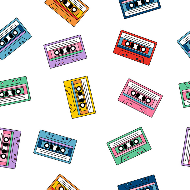 Nahtloses Muster mit Audiokassetten auf weißem Hintergrund. Vektorillustration im Retro-80er-Jahre-Stil. - Vektor, Bild