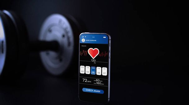 Fitness-sovellus. Älypuhelin näyttö urheilu kuntosali tai kunto terveys mobiilisovellus musta käsipaino tausta. Online kunto-ohjelma - Valokuva, kuva