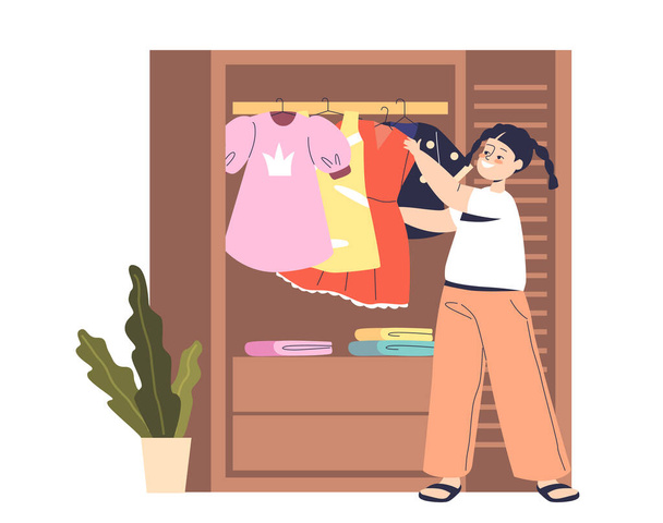 Malá holka vytahuje šaty ze skříně s úsměvem. Oblečení pro děti na slavnostní akci nebo dovolenou - Vektor, obrázek