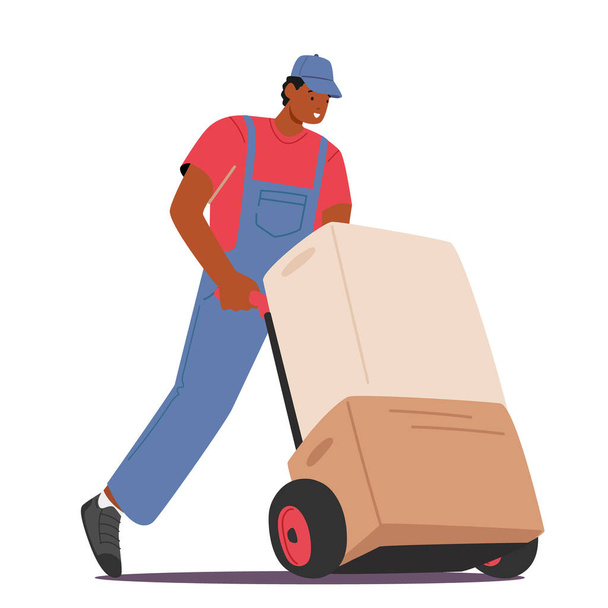Trabajador en camión de mano de conducción uniforme con pila de cajas de cartón aisladas sobre fondo blanco, transporte de carga - Vector, imagen
