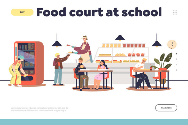 Їжа в школі концепція посадочної сторінки з їдальнею і школярами
 - Вектор, зображення