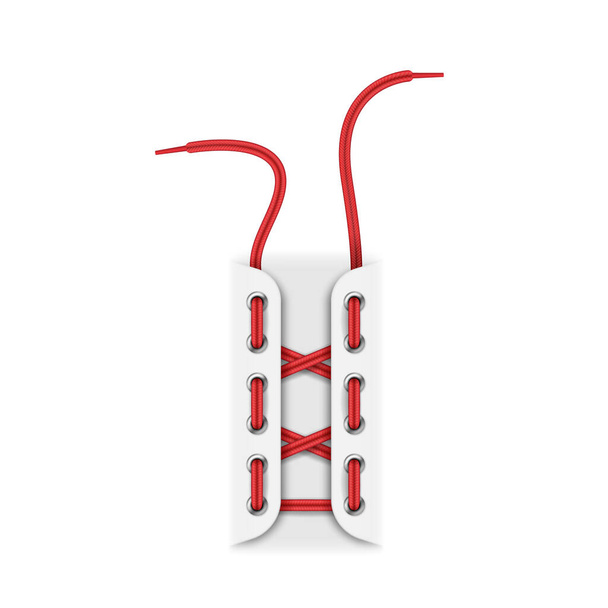 Atando cordones. Calzado realista de cordones, nudo y lazo rojo atado, zapatos con cuerda de colores anudados - Vector, Imagen