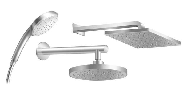 Sprchové hlavy s kovovými hadicemi a tryskami pro proudění vody, ruční koupelnové zařízení - Vektor, obrázek