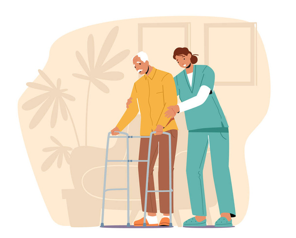 Vanhusten terveydenhuolto, lääketieteellinen apu. Vapaaehtoinen tai lääketieteellinen apu ikääntyneelle miehelle, jolla on kävelykehys hoitokodissa - Vektori, kuva