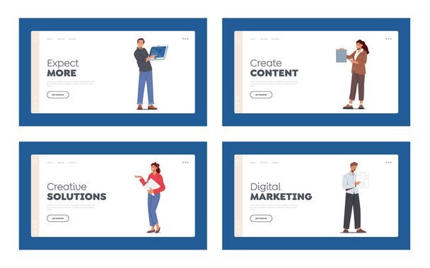 Presenters Characters Presenting With Devices and Banners Landing Page Template Set. Happy People Pointing With Fingers - Vector, Image