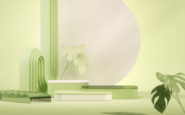 3D podium display, pastel green background. Steps and geometric shapes. Nature sun shadow, minimal, beauty product presentation. White and beige pedestal advertisement. Studio, abstract 3D render - Photo, Image