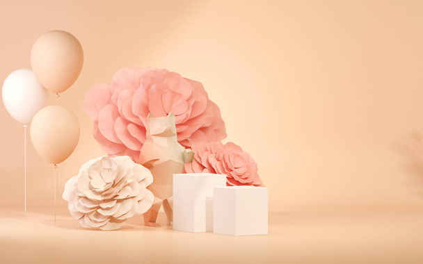 3D dobogós kijelző, pasztell rózsaszín háttér rózsa virágokkal. Buborékok és pálmalevél árnyék. Minimális talapzat a szépség, kozmetikai termék. Valentine, női másolás tér sablon 3d render - Fotó, kép