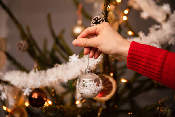 Close-up view while decorating a live Christmas tree for Christmas. - Zdjęcie, obraz