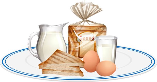 Πρωινό γεύμα με ψωμί και το γάλα εικονογράφηση - Διάνυσμα, εικόνα