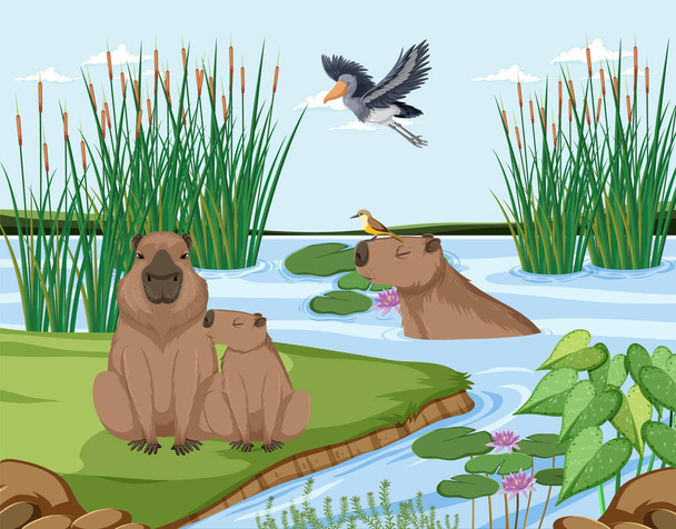 Kosteikkometsä kohtaus Capybara kuva - Vektori, kuva