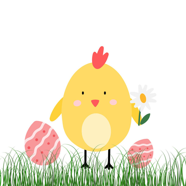Velikonoční vektorová karta. Velikonoční kuřata a velikonoční vajíčka Ilustrace ve skandinávském stylu pro pohlednice, pozdrav, banner. - Vektor, obrázek
