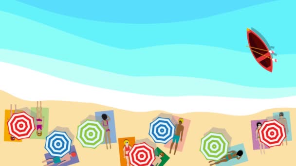 Animált nyári háttér. Zsúfolt strand és tenger esernyővel és az emberek barnító a tengernél, légi kilátás nyílik a strandra lapos design. Hurokfelvétel - Felvétel, videó