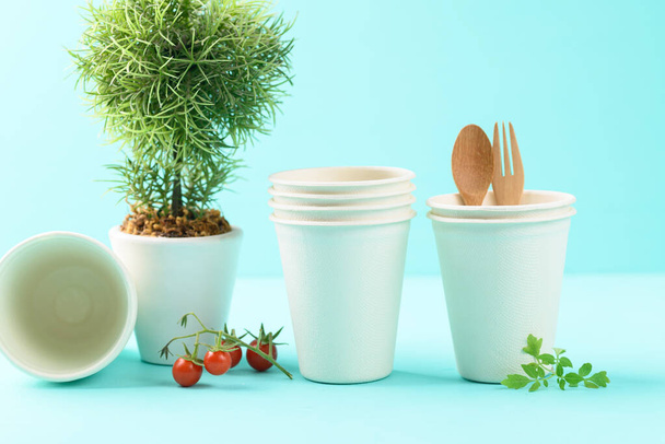 Biodegradable coffee cup made from natural fiber on color background, Eco friendly and sustainability concept - 写真・画像