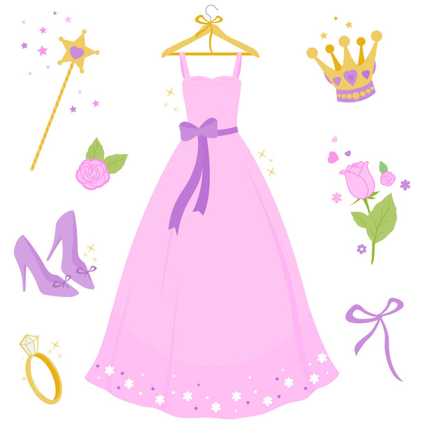 Beautiful pink princess dress. Vector illustration set - Vektör, Görsel
